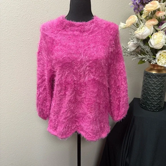 NIC+ZOE Hot Pink Fuzzy Sweater M | Soft Cozy Textured Knit Winter Pullover - Picture 1 of 10